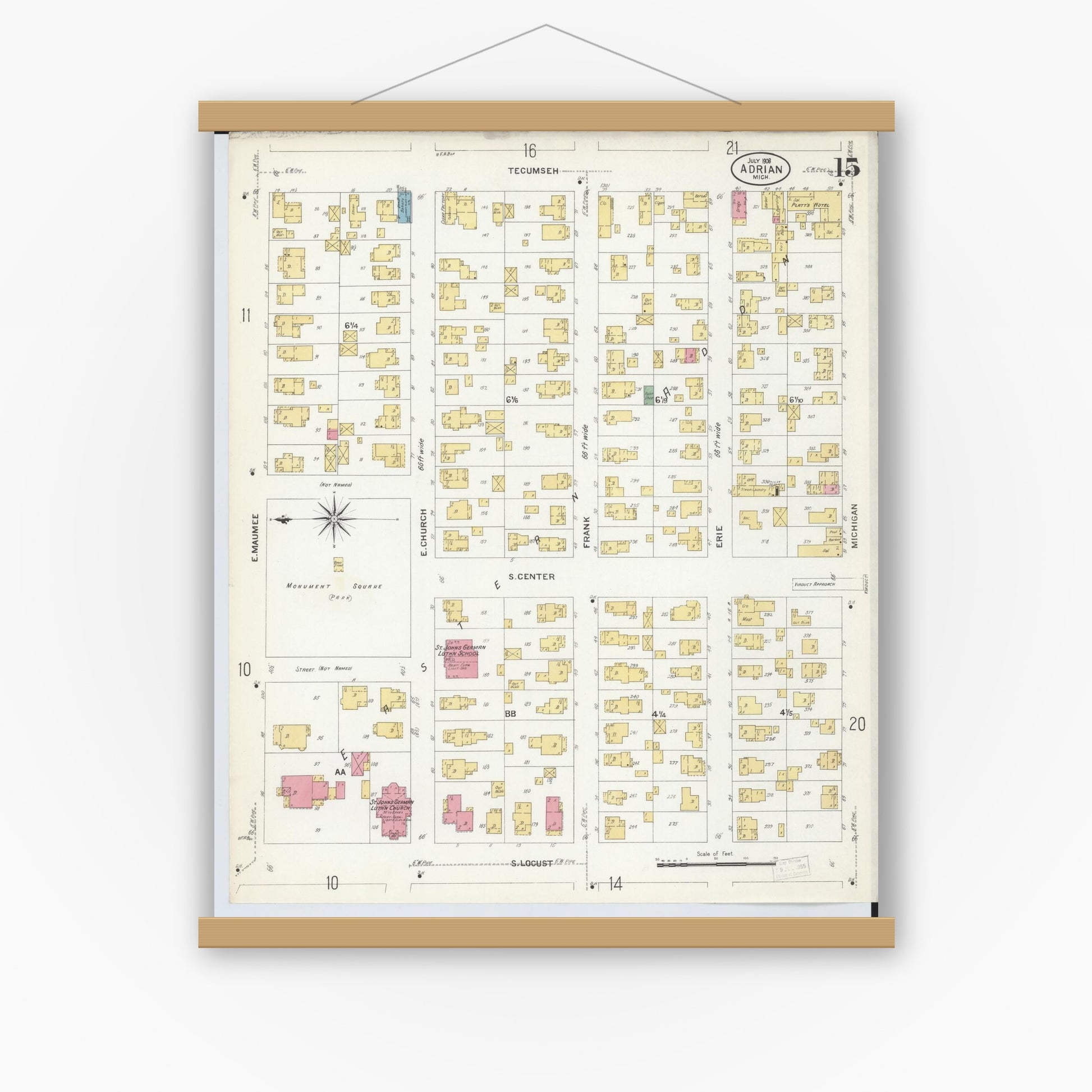 Old map wall art mockup — magnetic wood frame on white wall — Sanborn Fire Insurance Map from Adrian, Lenawee County, Michigan (1908), Sheet #0015