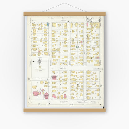 Old map wall art mockup — magnetic wood frame on white wall — Sanborn Fire Insurance Map from Adrian, Lenawee County, Michigan (1908), Sheet #0015