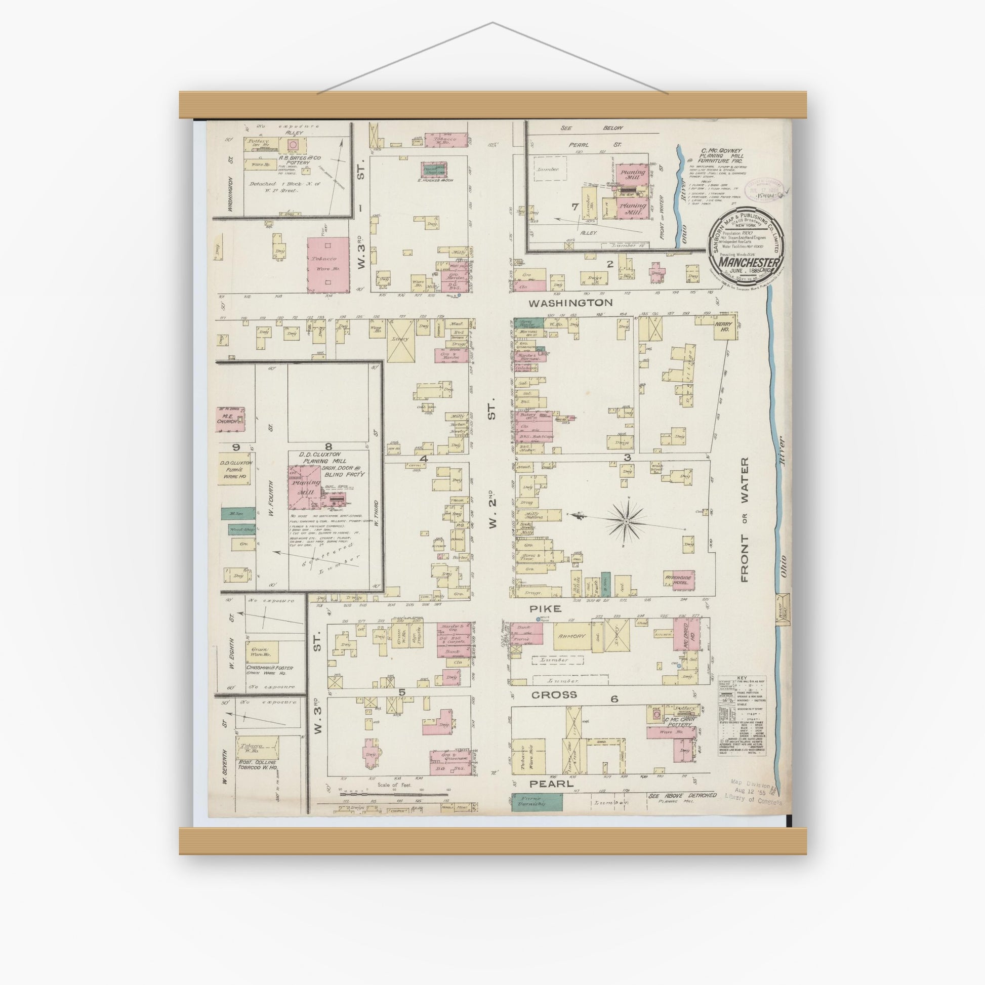 Old map wall art mockup — magnetic wood frame on white wall — Sanborn Fire Insurance Map from Manchester, Adams County, Ohio (1885), Sheet #0001