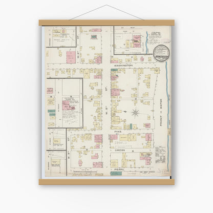 Old map wall art mockup — magnetic wood frame on white wall — Sanborn Fire Insurance Map from Manchester, Adams County, Ohio (1885), Sheet #0001