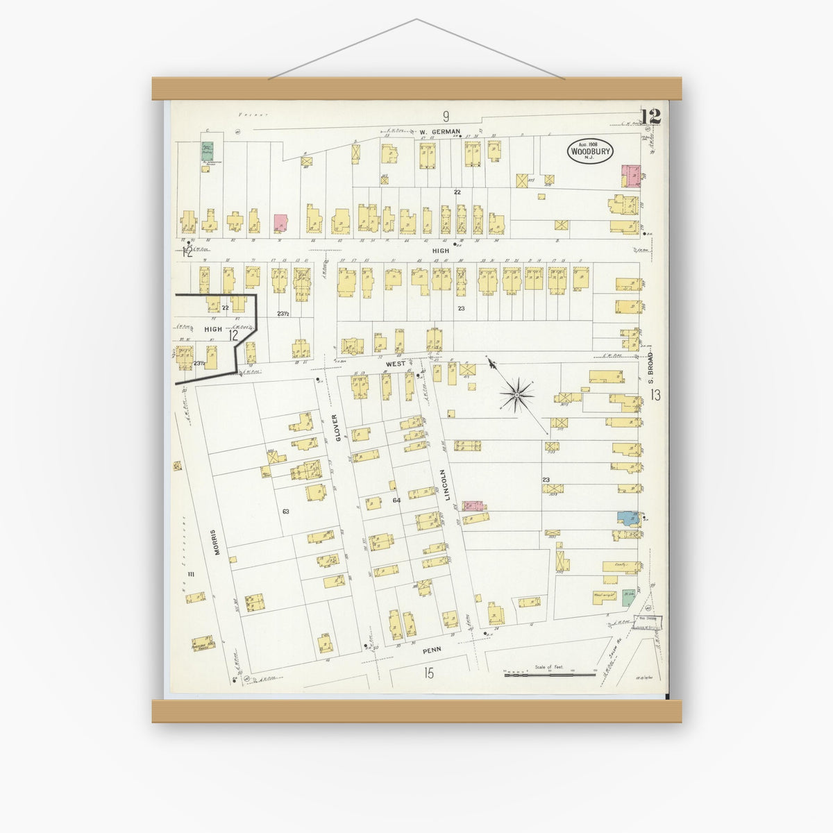 Old map wall art mockup — magnetic wood frame on white wall — Sanborn Fire Insurance Map from Woodbury, Gloucester County, New Jersey (1908), Sheet #0012