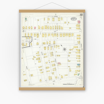 Old map wall art mockup — magnetic wood frame on white wall — Sanborn Fire Insurance Map from Woodbury, Gloucester County, New Jersey (1908), Sheet #0012