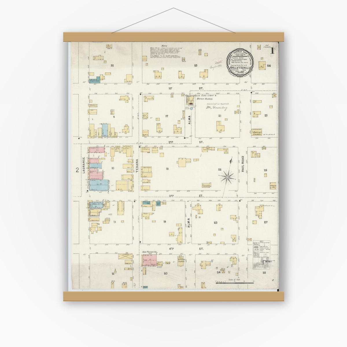 Old map wall art mockup — magnetic wood frame on white wall — Sanborn Fire Insurance Map from Hallettsville, Lavaca County, Texas (1896) - Complete Map Set