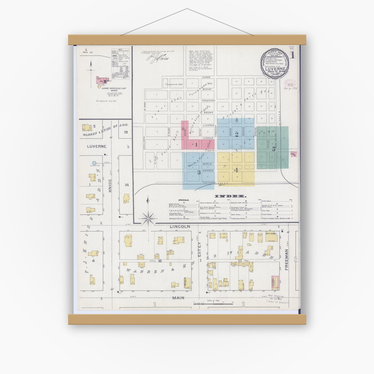 Old map wall art mockup — magnetic wood frame on white wall — Sanborn Fire Insurance Map from Luverne, Rock County, Minnesota (1894), Sheet #0001