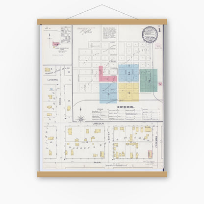 Old map wall art mockup — magnetic wood frame on white wall — Sanborn Fire Insurance Map from Luverne, Rock County, Minnesota (1894), Sheet #0001