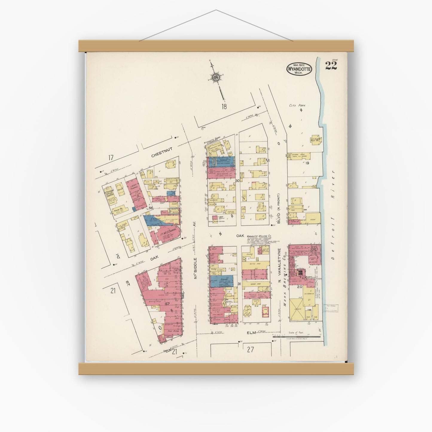 Old map wall art mockup — magnetic wood frame on white wall — Sanborn Fire Insurance Map from Wyandotte, Wayne County, Michigan (1922), Sheet #0022