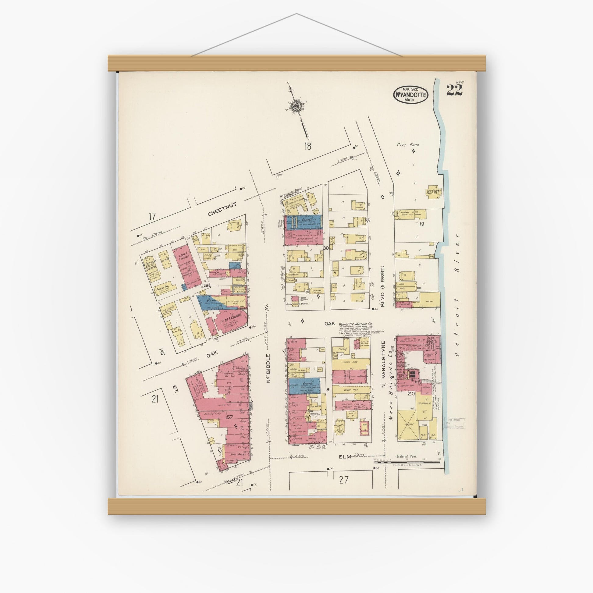 Old map wall art mockup — magnetic wood frame on white wall — Sanborn Fire Insurance Map from Wyandotte, Wayne County, Michigan (1922), Sheet #0022