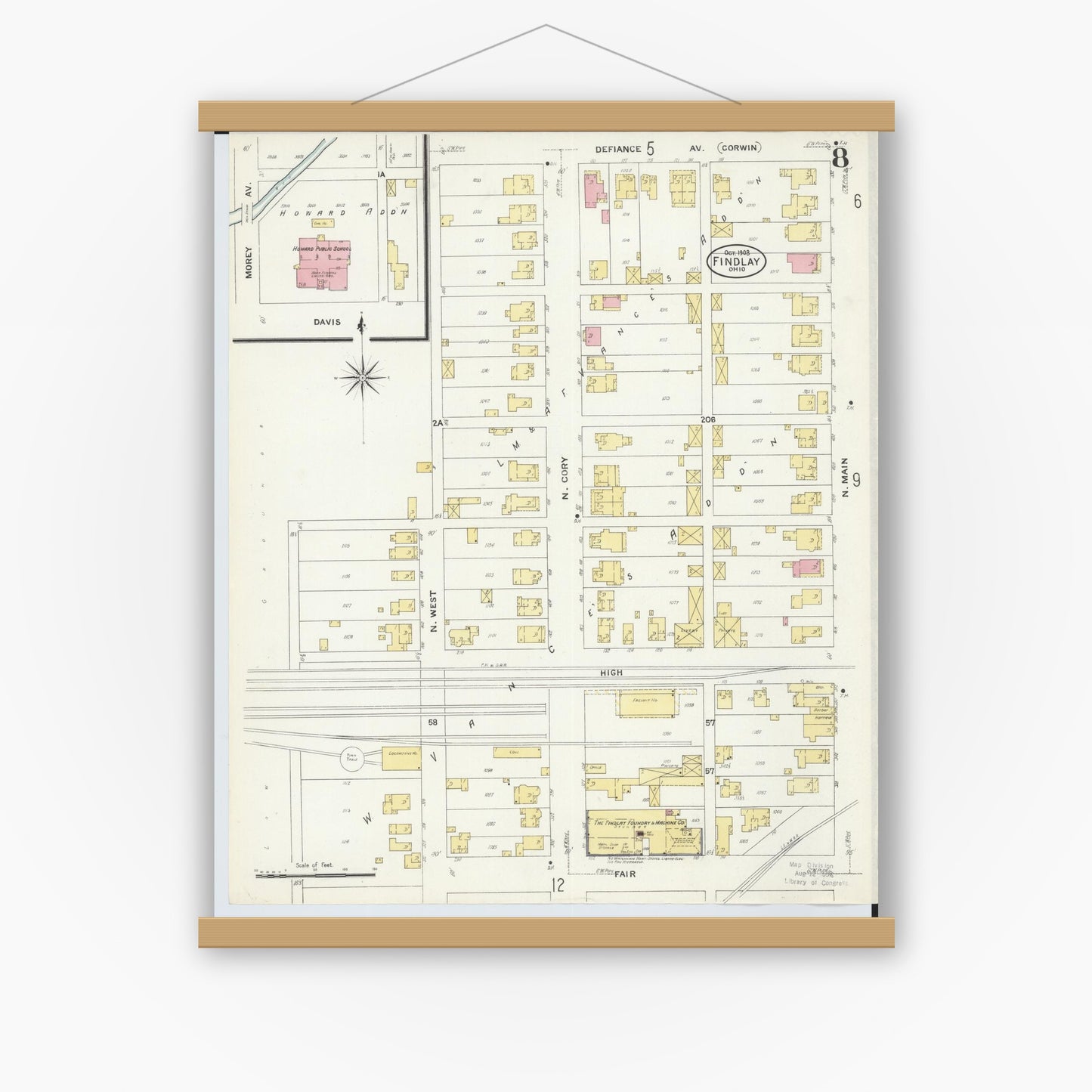 Old map wall art mockup — magnetic wood frame on white wall — Sanborn Fire Insurance Map from Findlay, Hancock County, Ohio (1908), Sheet #0008