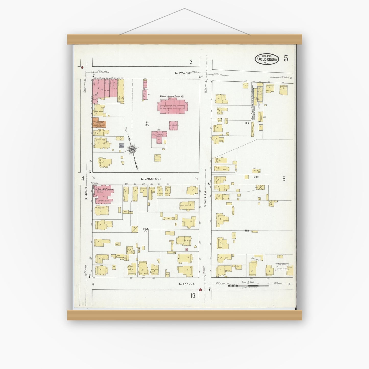Old map wall art mockup — magnetic wood frame on white wall — Sanborn Fire Insurance Map from Goldsboro, Wayne County, North Carolina (1918), Sheet #0005