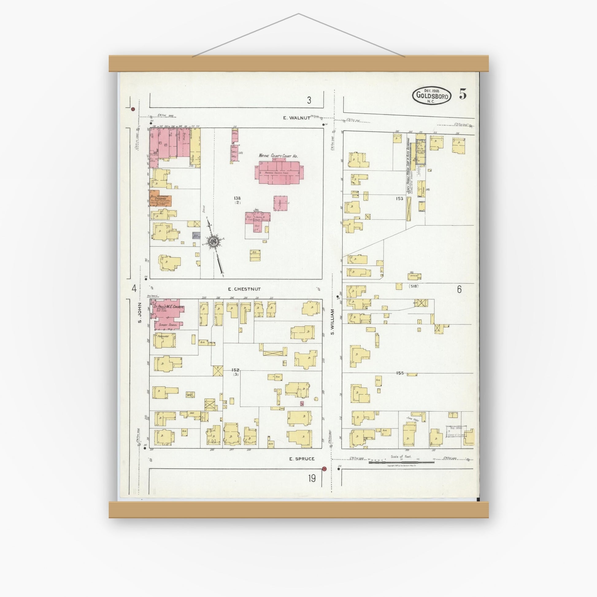 Old map wall art mockup — magnetic wood frame on white wall — Sanborn Fire Insurance Map from Goldsboro, Wayne County, North Carolina (1918), Sheet #0005