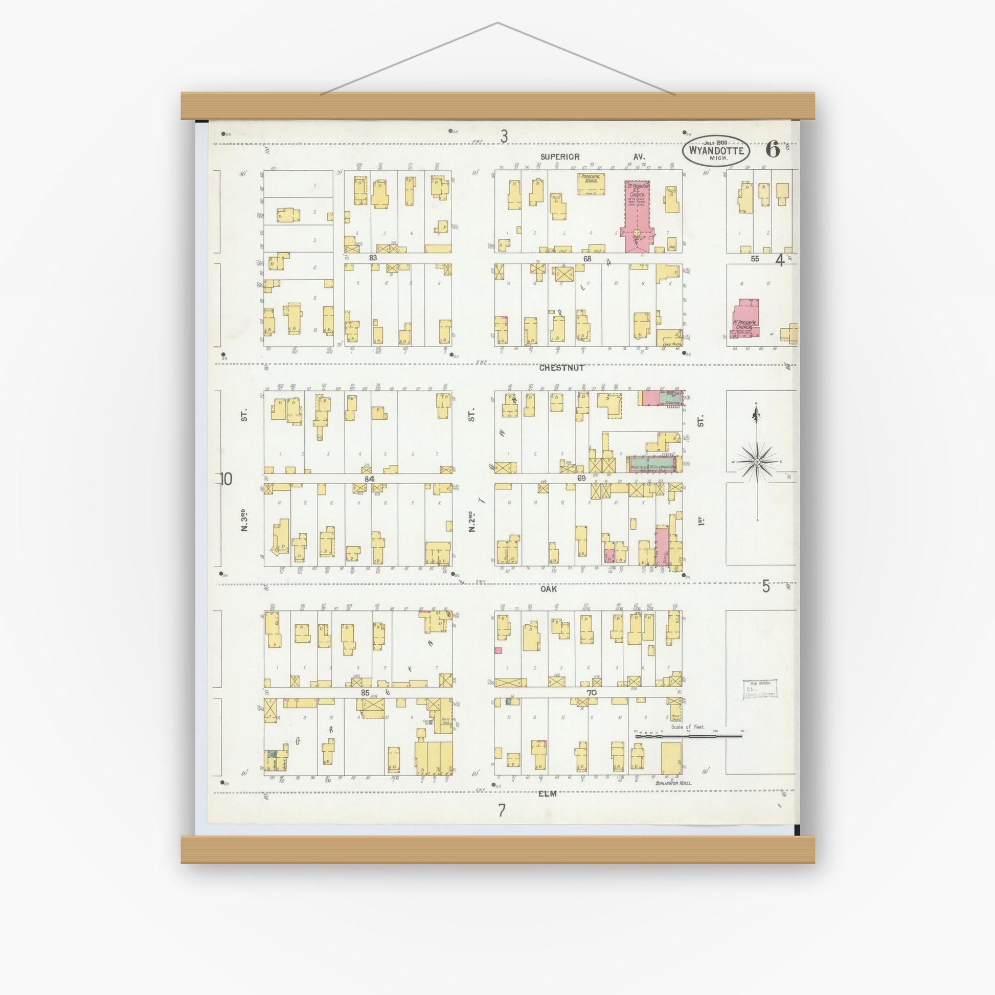 Old map wall art mockup — magnetic wood frame on white wall — Sanborn Fire Insurance Map from Wyandotte, Wayne County, Michigan (1900), Sheet #0006