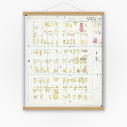 Old map wall art mockup — magnetic wood frame on white wall — Sanborn Fire Insurance Map from Wyandotte, Wayne County, Michigan (1900), Sheet #0006