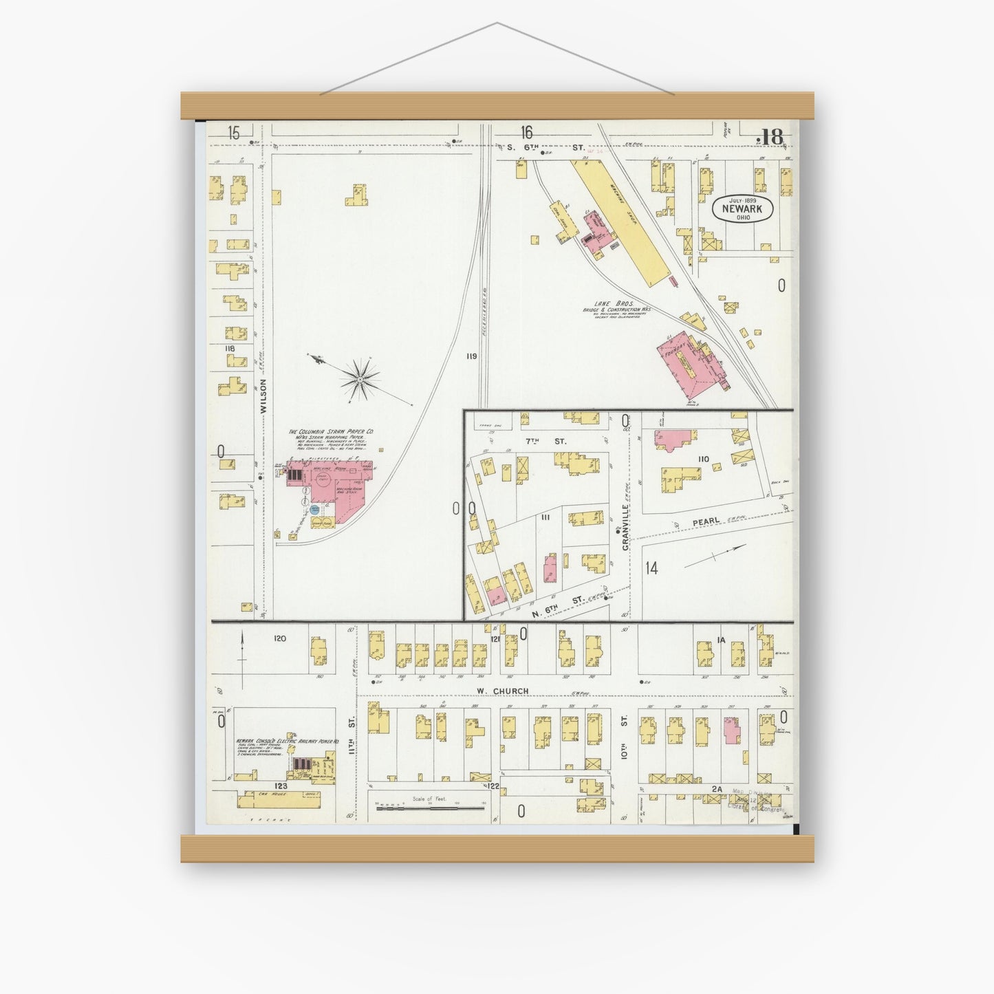 Old map wall art mockup — magnetic wood frame on white wall — Sanborn Fire Insurance Map from Newark, Licking County, Ohio (1899), Sheet #0018