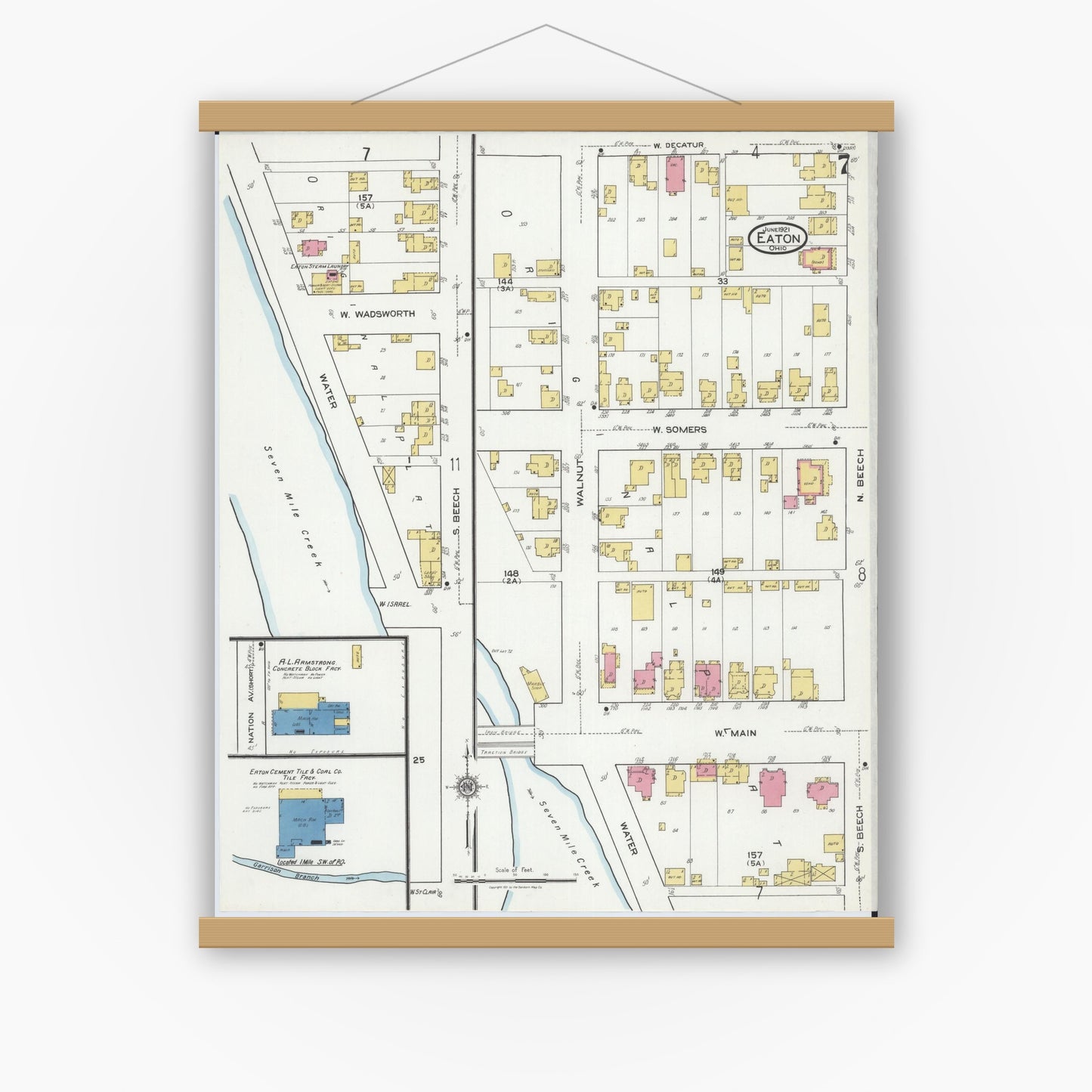 Old map wall art mockup — magnetic wood frame on white wall — Sanborn Fire Insurance Map from Eaton, Preble County, Ohio (1921), Sheet #0007
