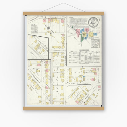 Old map wall art mockup — magnetic wood frame on white wall — Sanborn Fire Insurance Map from Cadiz, Harrison County, Ohio (1916), Sheet #0001