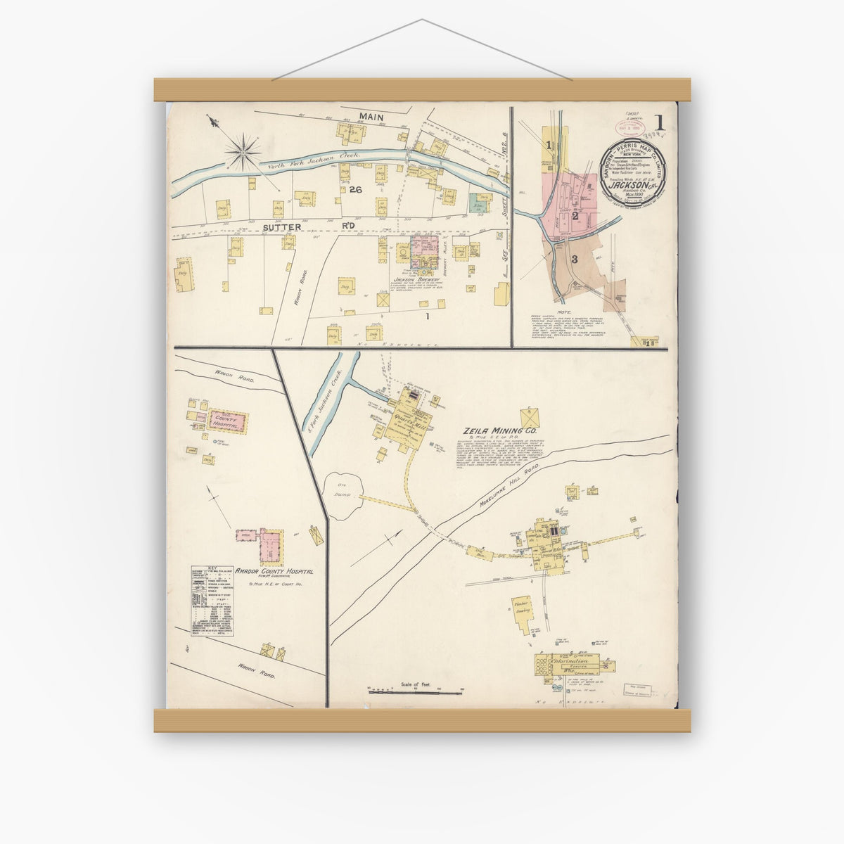 Old map wall art mockup — magnetic wood frame on white wall — Sanborn Fire Insurance Map from Jackson, Amador County, California (1890) - Complete Map Set
