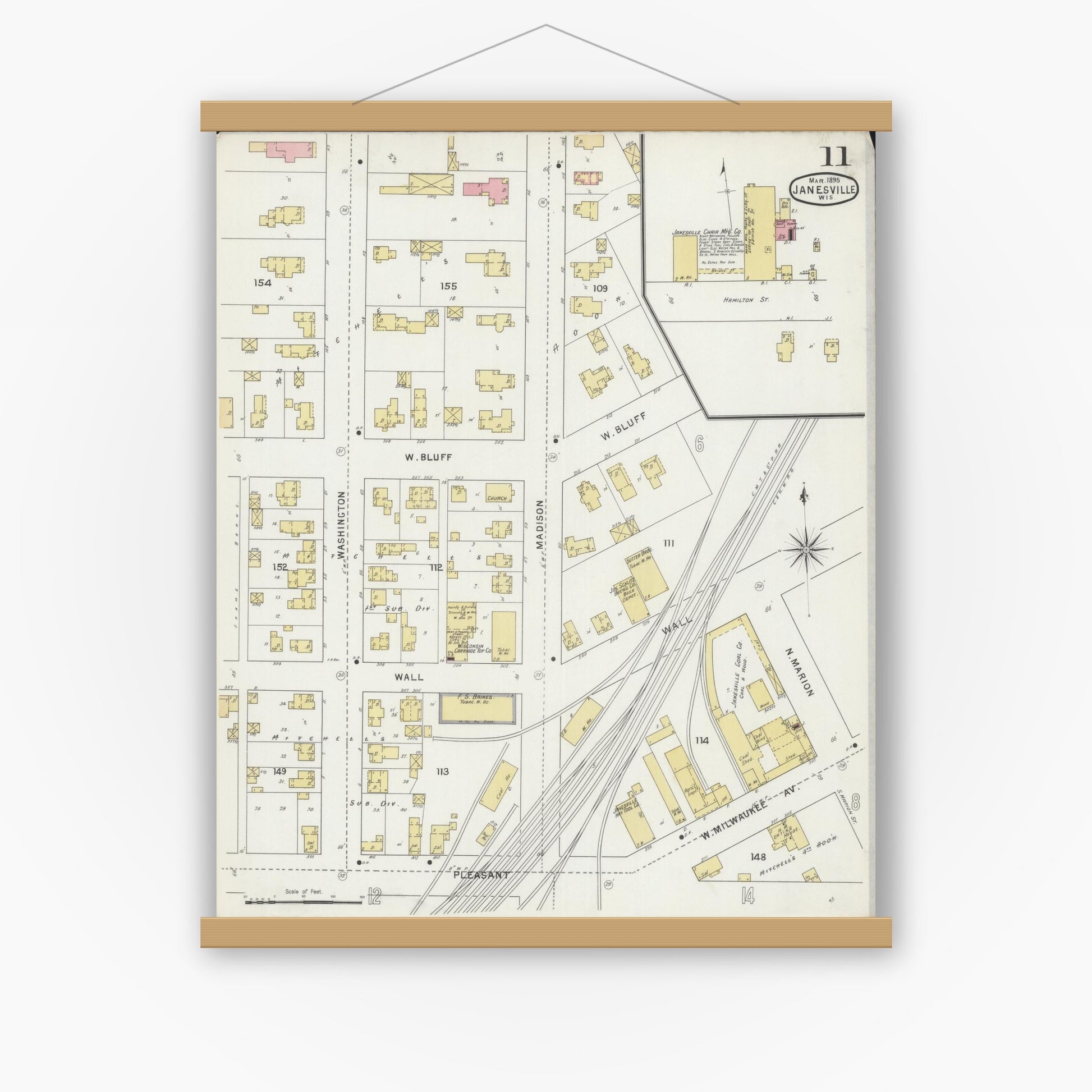 Old map wall art mockup — magnetic wood frame on white wall — Sanborn Fire Insurance Map from Janesville, Rock County, Wisconsin (1895), Sheet #0011