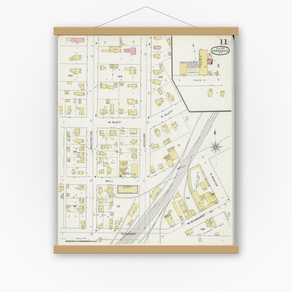 Old map wall art mockup — magnetic wood frame on white wall — Sanborn Fire Insurance Map from Janesville, Rock County, Wisconsin (1895), Sheet #0011