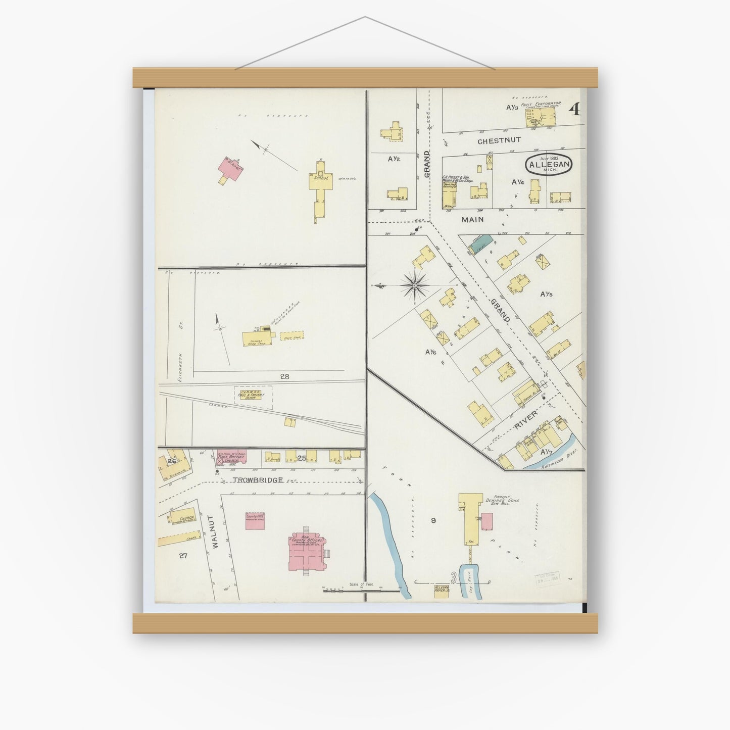 Old map wall art mockup — magnetic wood frame on white wall — Sanborn Fire Insurance Map from Allegan, Allegan County, Michigan (1893), Sheet #0004