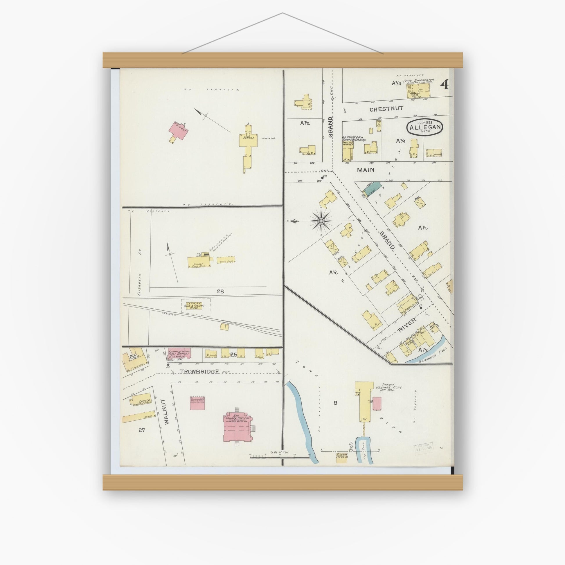 Old map wall art mockup — magnetic wood frame on white wall — Sanborn Fire Insurance Map from Allegan, Allegan County, Michigan (1893), Sheet #0004