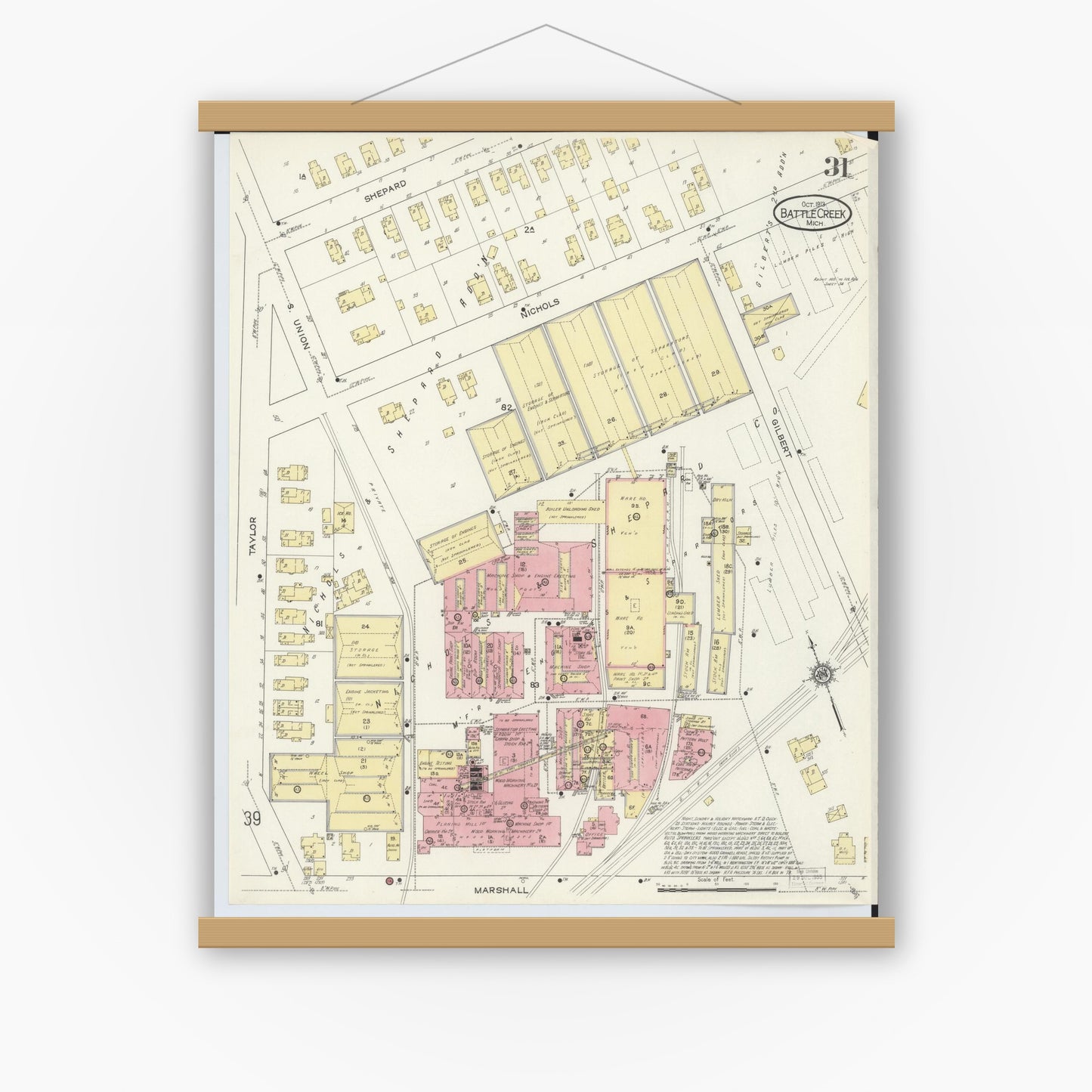 Old map wall art mockup — magnetic wood frame on white wall — Sanborn Fire Insurance Map from Battle Creek, Calhoun County, Michigan (1913), Sheet #0031