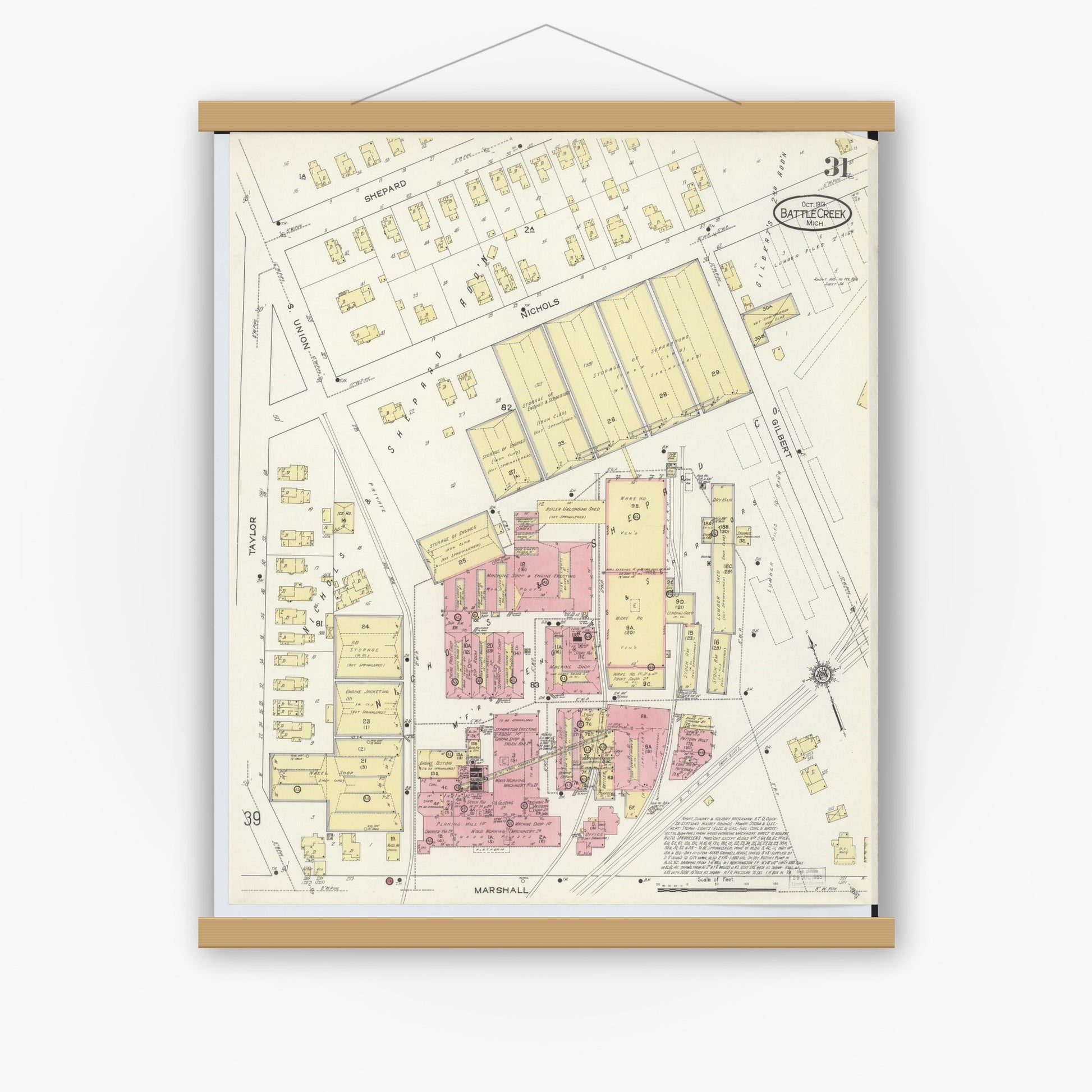 Old map wall art mockup — magnetic wood frame on white wall — Sanborn Fire Insurance Map from Battle Creek, Calhoun County, Michigan (1913), Sheet #0031