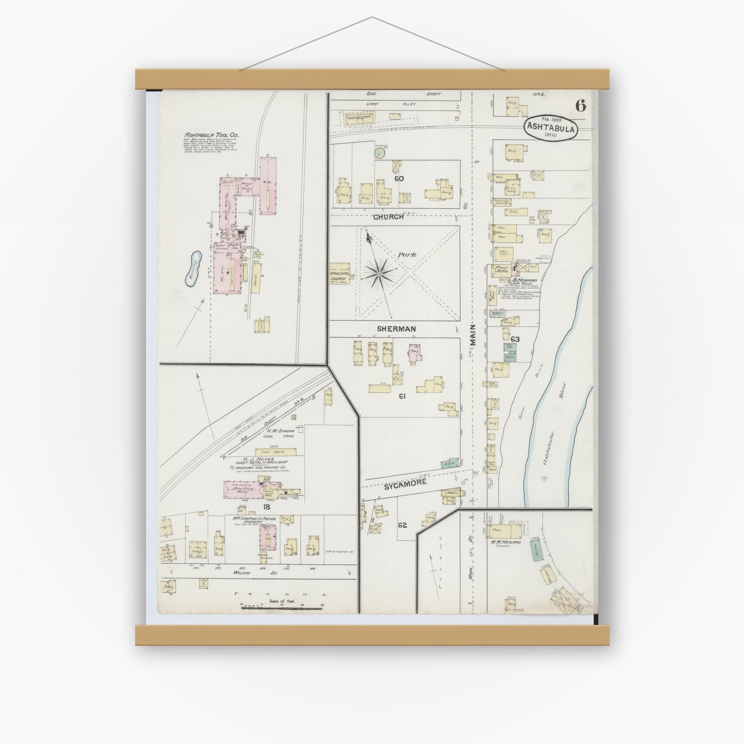 Old map wall art mockup — magnetic wood frame on white wall — Sanborn Fire Insurance Map from Ashtabula, Ashtabula County, Ohio (1889), Sheet #0006