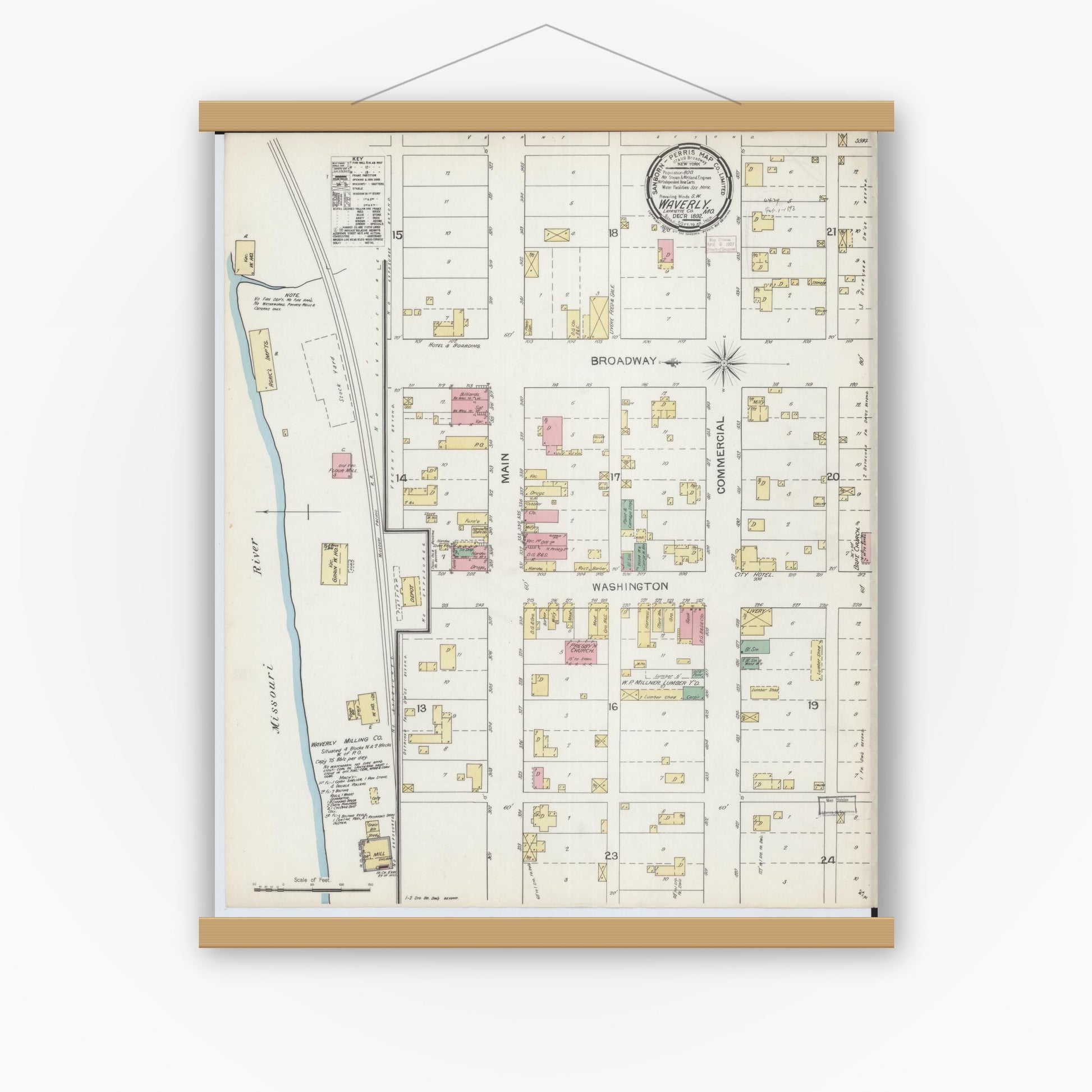 Old map wall art mockup — magnetic wood frame on white wall — Sanborn Fire Insurance Map from Waverly, Lafayette County, Missouri (1892), Sheet #0001