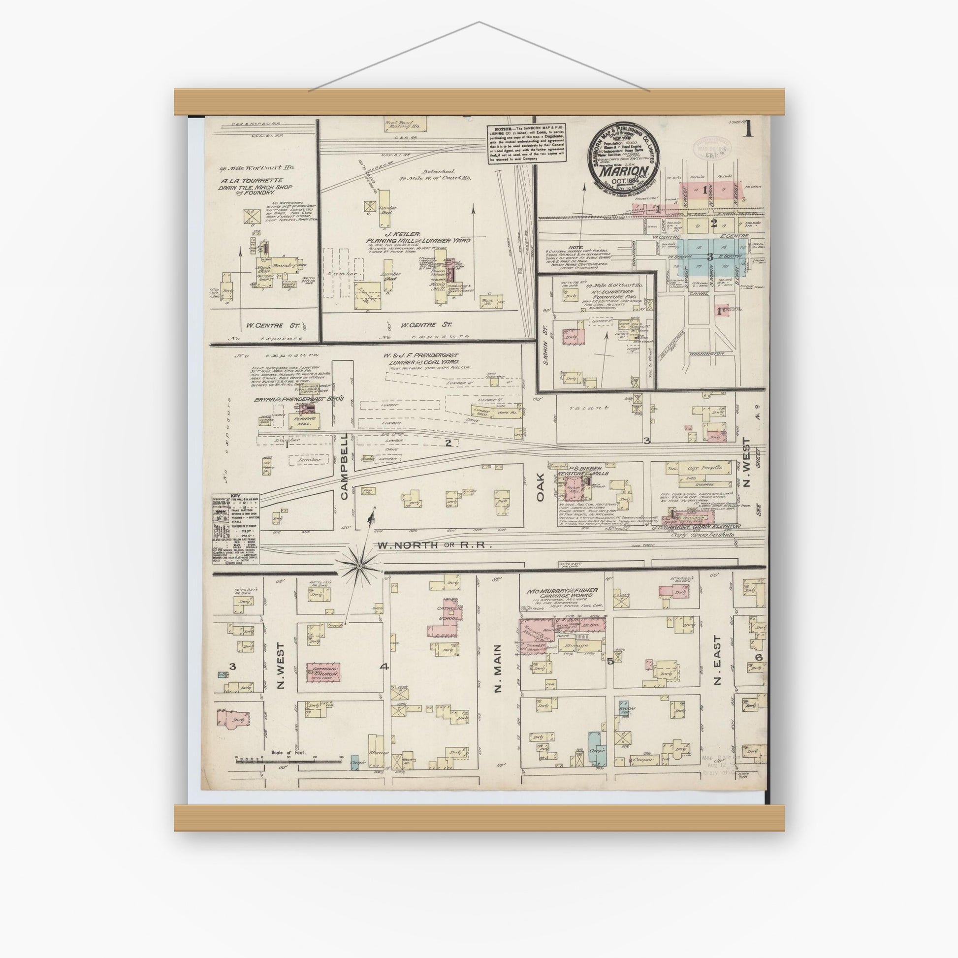 Old map wall art mockup — magnetic wood frame on white wall — Sanborn Fire Insurance Map from Marion, Marion County, Ohio (1884), Sheet #0001