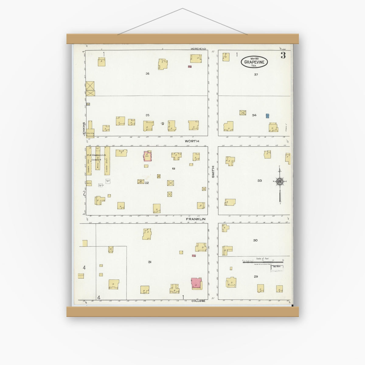 Old map wall art mockup — magnetic wood frame on white wall — Sanborn Fire Insurance Map from Grapevine, Tarrant County, Texas (1921), Sheet #0003