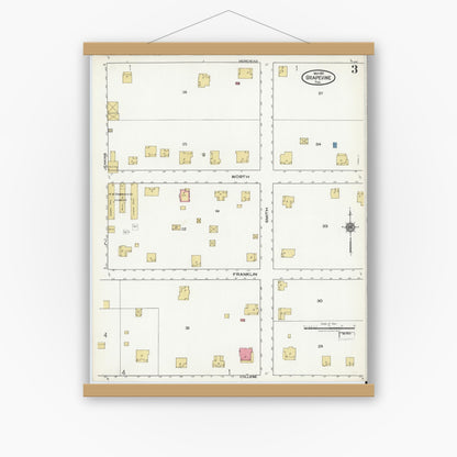 Old map wall art mockup — magnetic wood frame on white wall — Sanborn Fire Insurance Map from Grapevine, Tarrant County, Texas (1921), Sheet #0003