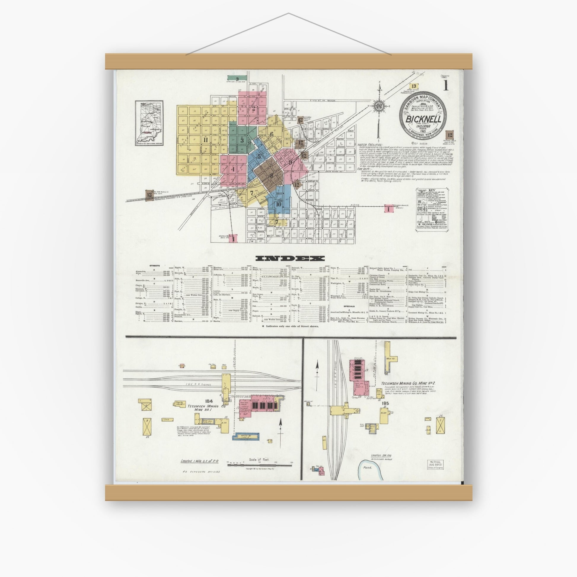 Old map wall art mockup — magnetic wood frame on white wall — Sanborn Fire Insurance Map from Bicknell, Knox County, Indiana (1921) - Complete Map Set