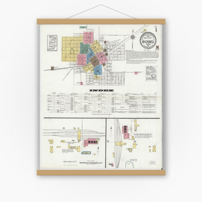 Old map wall art mockup — magnetic wood frame on white wall — Sanborn Fire Insurance Map from Bicknell, Knox County, Indiana (1921) - Complete Map Set