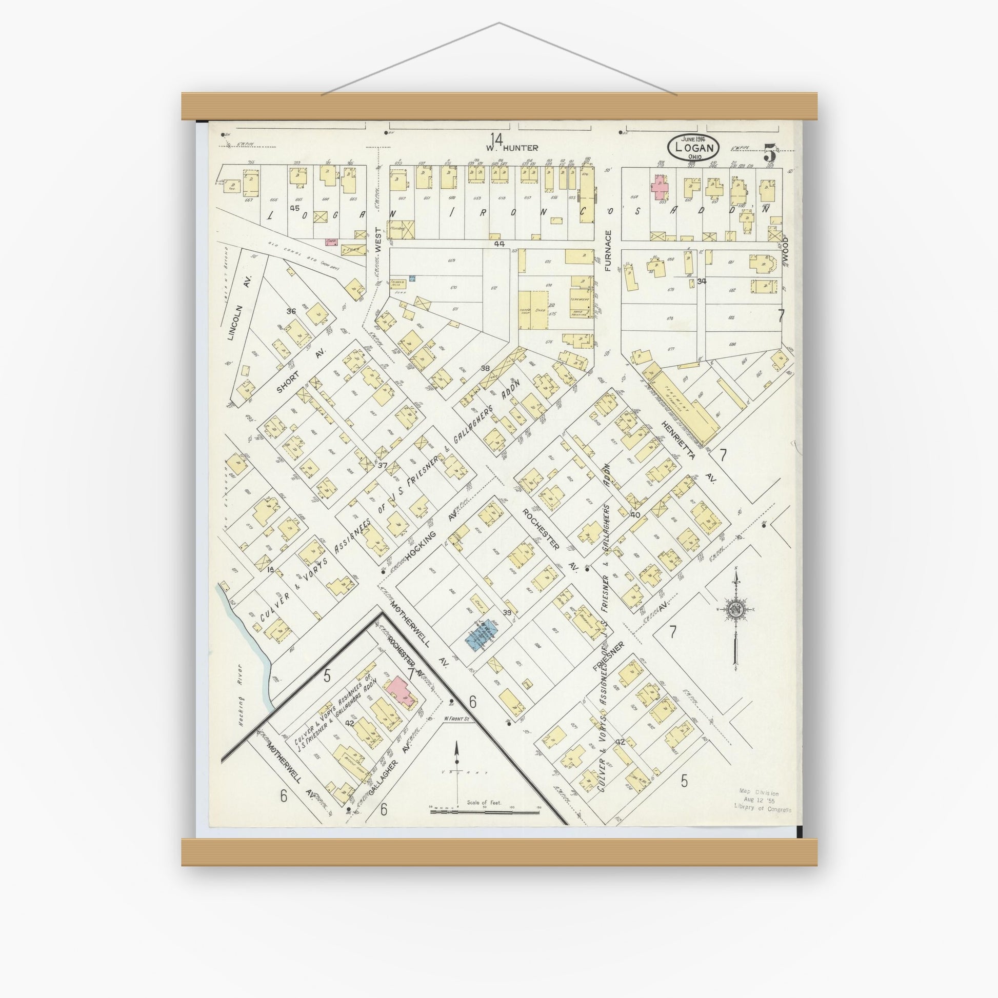 Old map wall art mockup — magnetic wood frame on white wall — Sanborn Fire Insurance Map from Logan, Hocking County, Ohio (1914), Sheet #0005