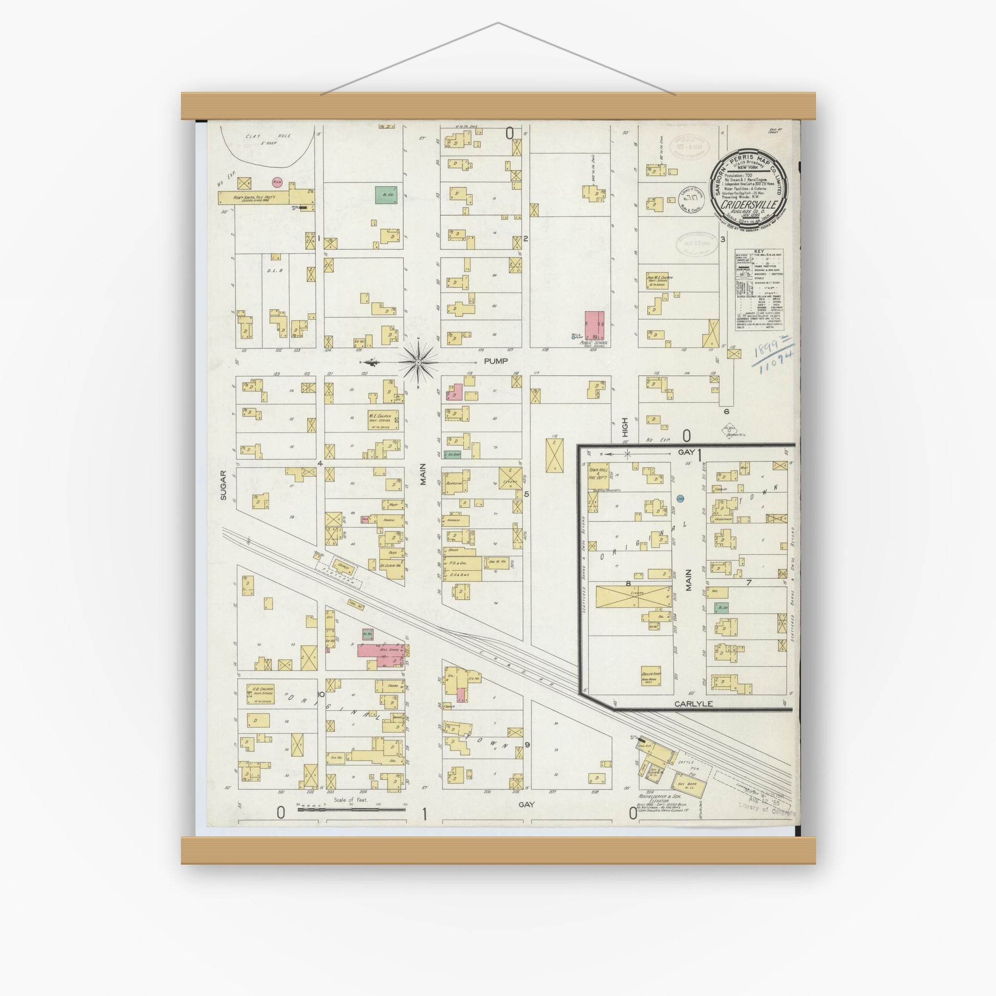 Old map wall art mockup — magnetic wood frame on white wall — Sanborn Fire Insurance Map from Cridersville, Auglaize County, Ohio (1899), Sheet #0001