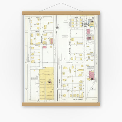 Old map wall art mockup — magnetic wood frame on white wall — Sanborn Fire Insurance Map from Cleburne, Johnson County, Texas (1918), Sheet #0006