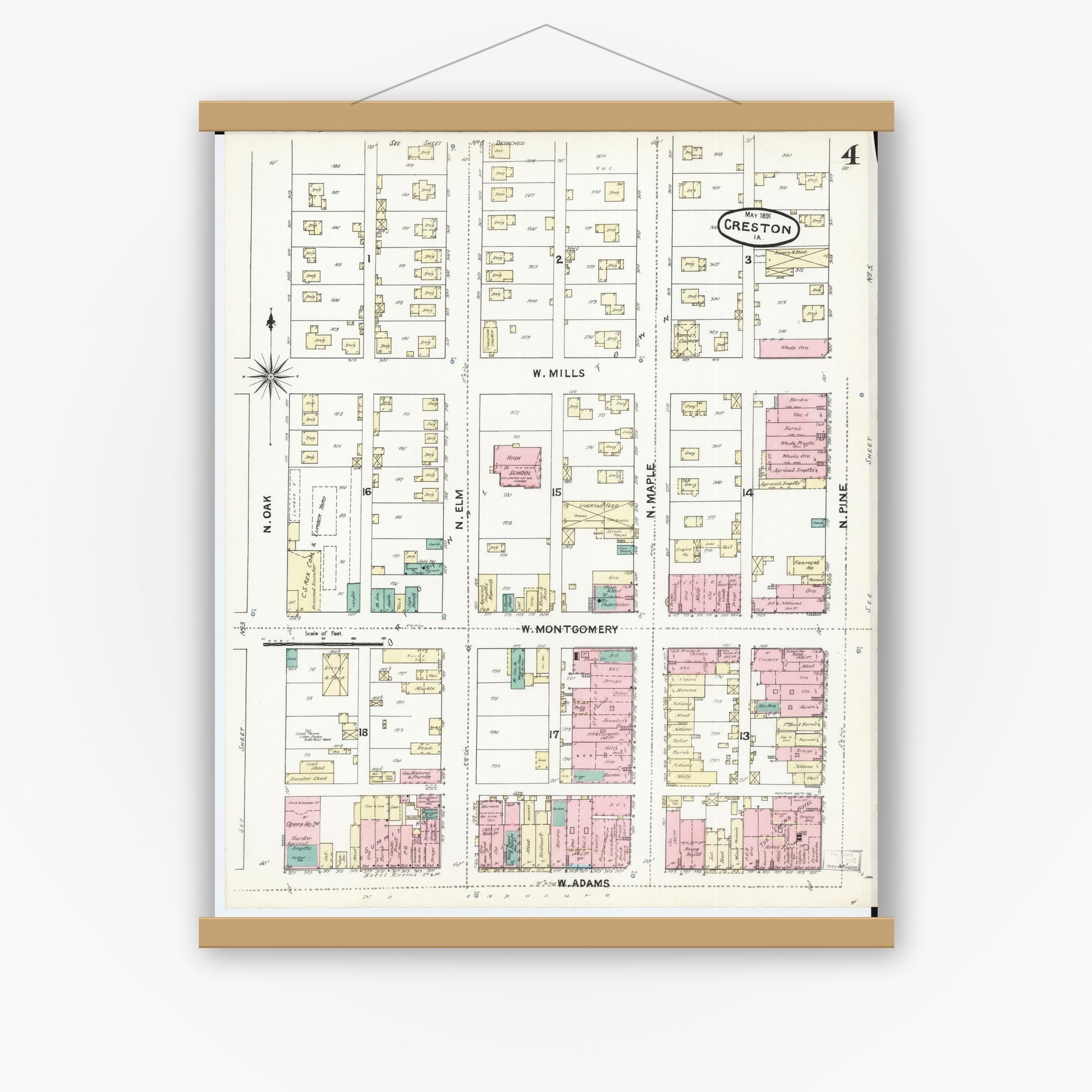 Old map wall art mockup — magnetic wood frame on white wall — Sanborn Fire Insurance Map from Creston, Union County, Iowa (1891), Sheet #0004