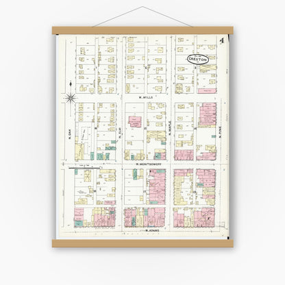 Old map wall art mockup — magnetic wood frame on white wall — Sanborn Fire Insurance Map from Creston, Union County, Iowa (1891), Sheet #0004