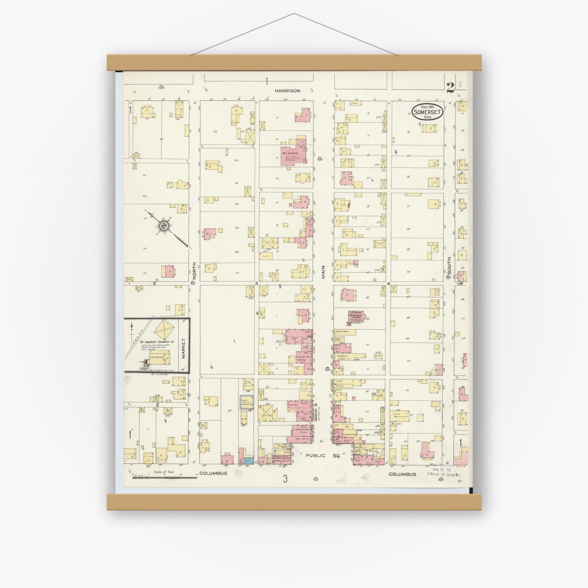 Old map wall art mockup — magnetic wood frame on white wall — Sanborn Fire Insurance Map from Somerset, Perry County, Ohio (1913), Sheet #0002