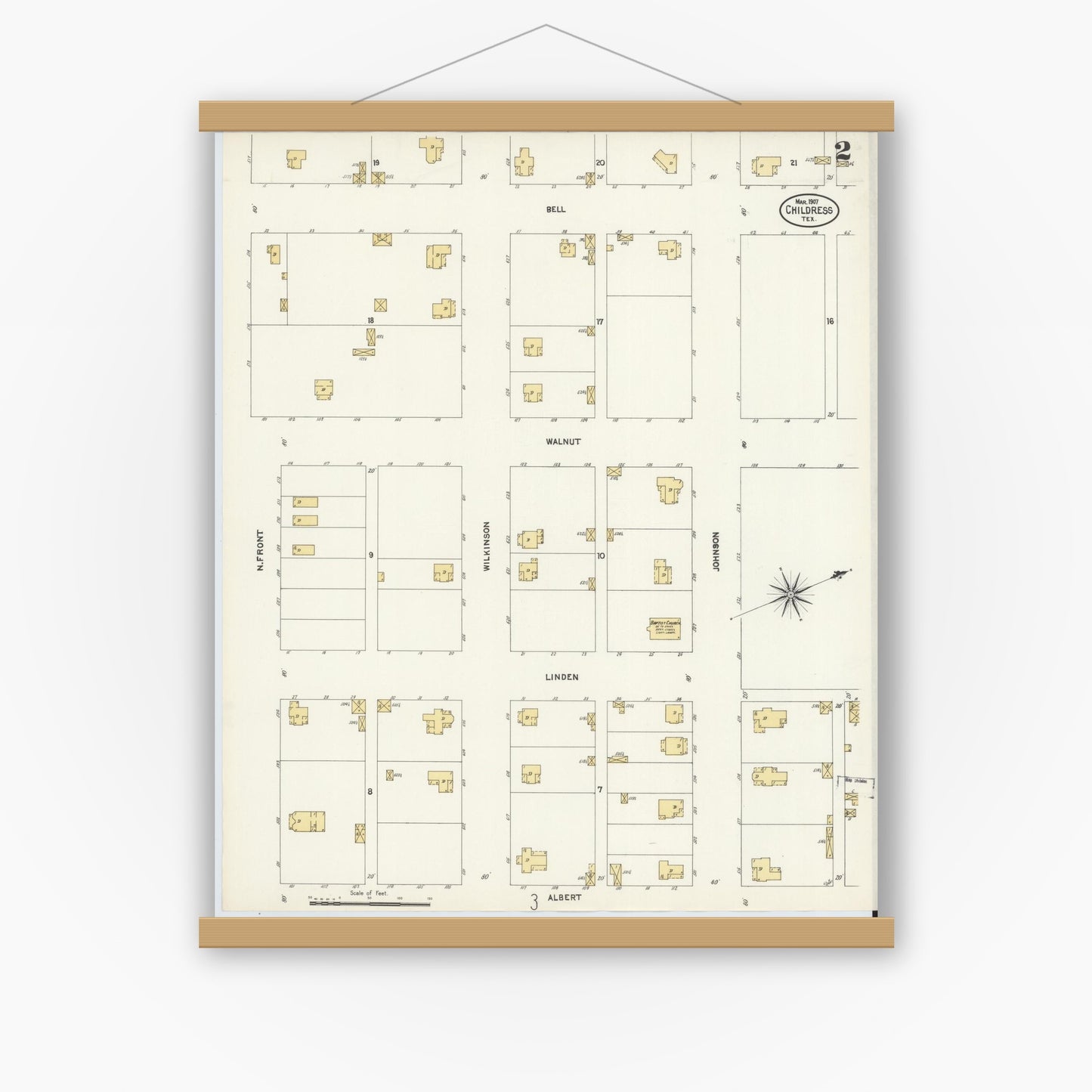 Old map wall art mockup — magnetic wood frame on white wall — Sanborn Fire Insurance Map from Childress, Childress County, Texas (1907), Sheet #0002