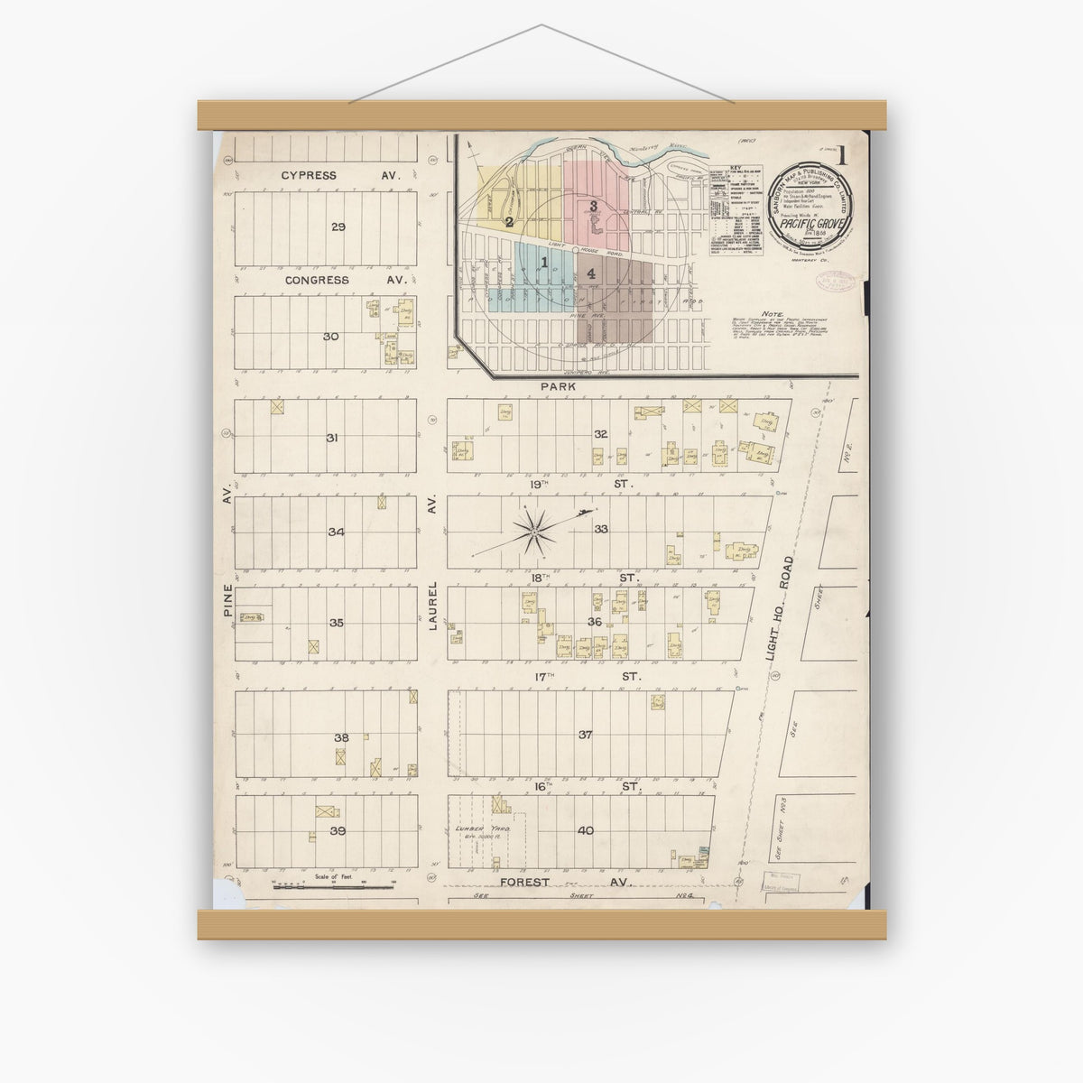 Old map wall art mockup — magnetic wood frame on white wall — Sanborn Fire Insurance Map from Pacific Grove, Monterey County, California (1888) - Complete Map Set