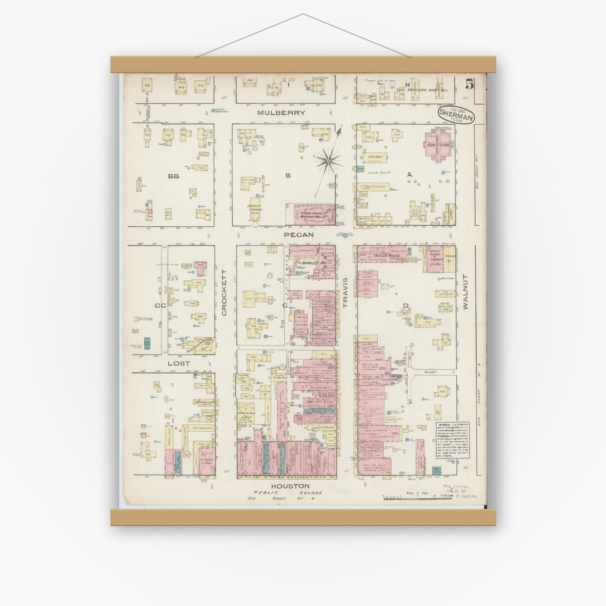 Old map wall art mockup — magnetic wood frame on white wall — Sanborn Fire Insurance Map from Sherman, Grayson County, Texas (1885), Sheet #0005