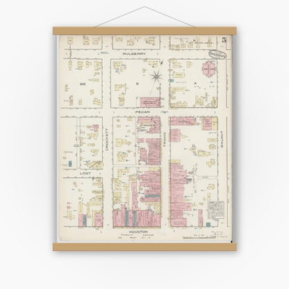 Old map wall art mockup — magnetic wood frame on white wall — Sanborn Fire Insurance Map from Sherman, Grayson County, Texas (1885), Sheet #0005