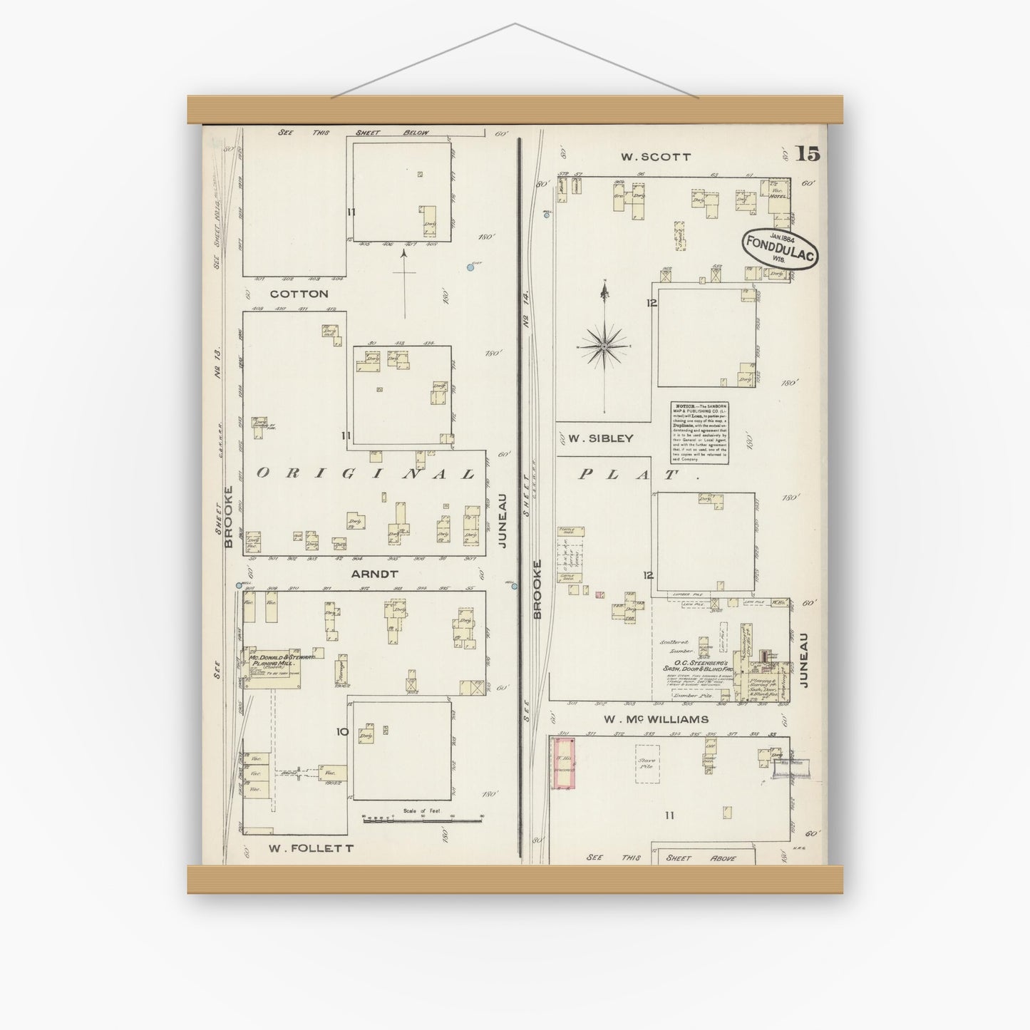 Old map wall art mockup — magnetic wood frame on white wall — Sanborn Fire Insurance Map from Fond du Lac, Fond du Lac County, Wisconsin (1884), Sheet #0015
