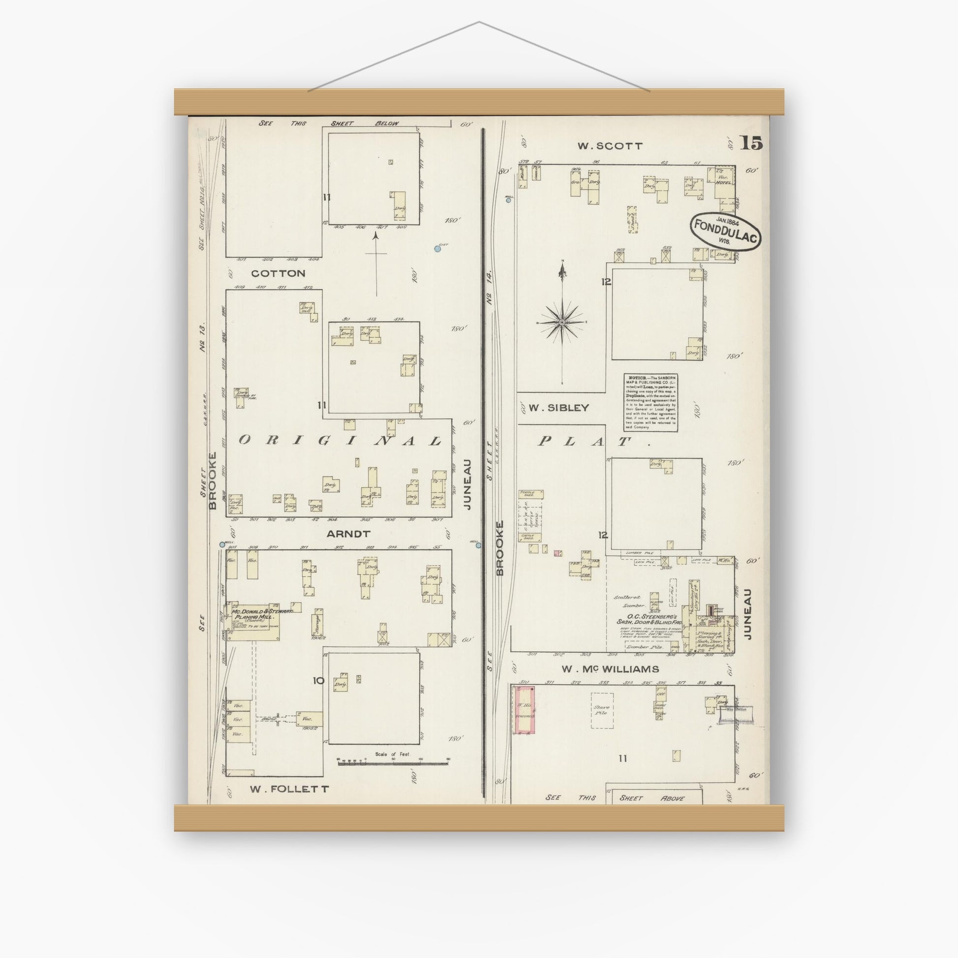 Old map wall art mockup — magnetic wood frame on white wall — Sanborn Fire Insurance Map from Fond du Lac, Fond du Lac County, Wisconsin (1884), Sheet #0015