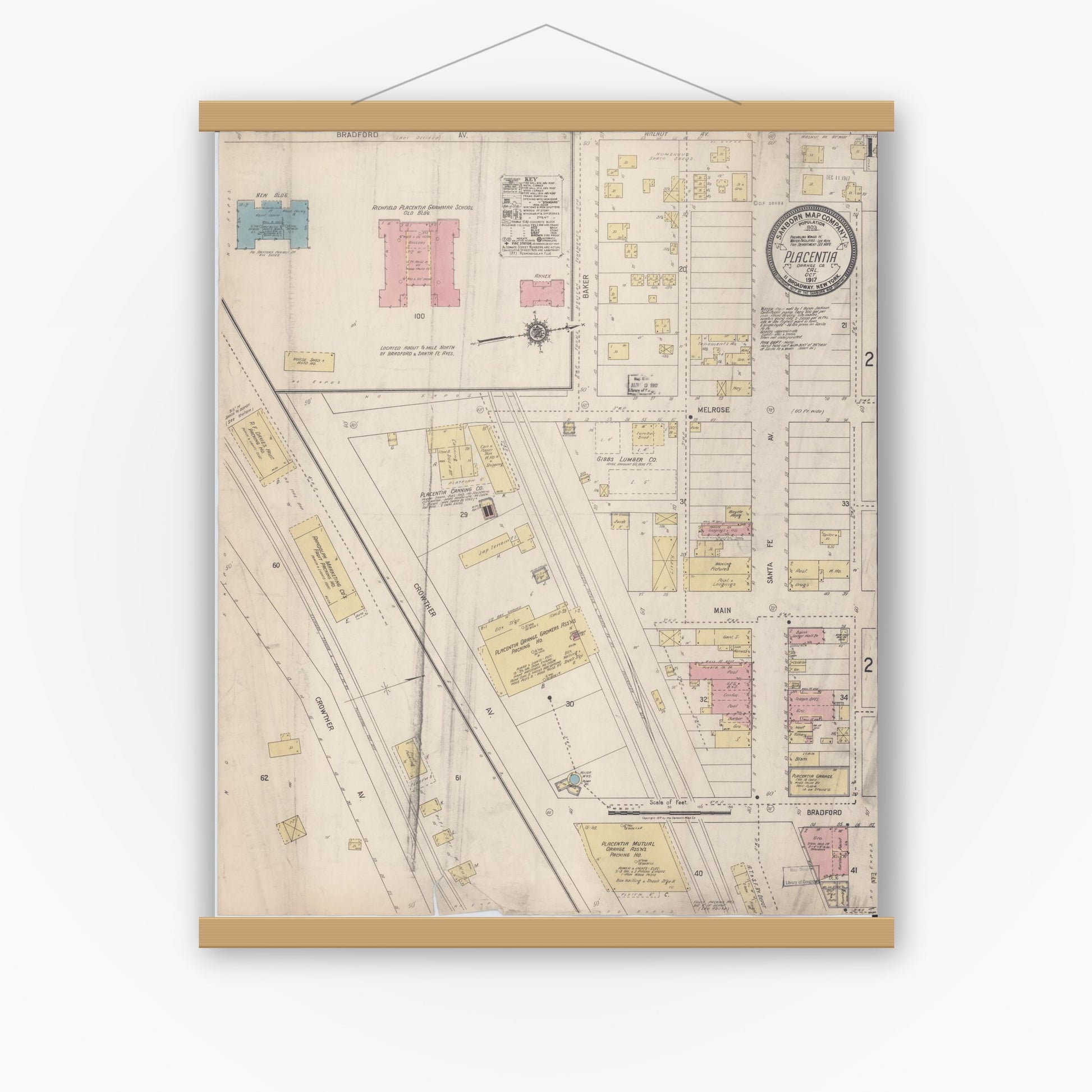 Old map wall art mockup — magnetic wood frame on white wall — Sanborn Fire Insurance Map from Placentia, Orange County, California (1917) - Complete Map Set