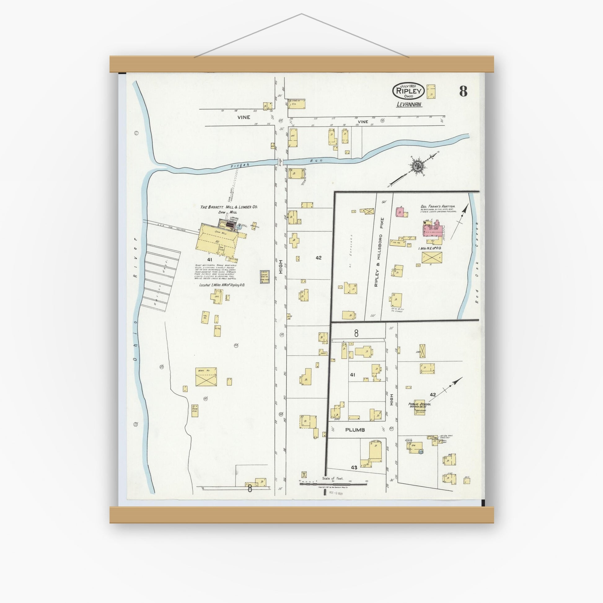 Old map wall art mockup — magnetic wood frame on white wall — Sanborn Fire Insurance Map from Ripley, Brown County, Ohio (1920), Sheet #0008