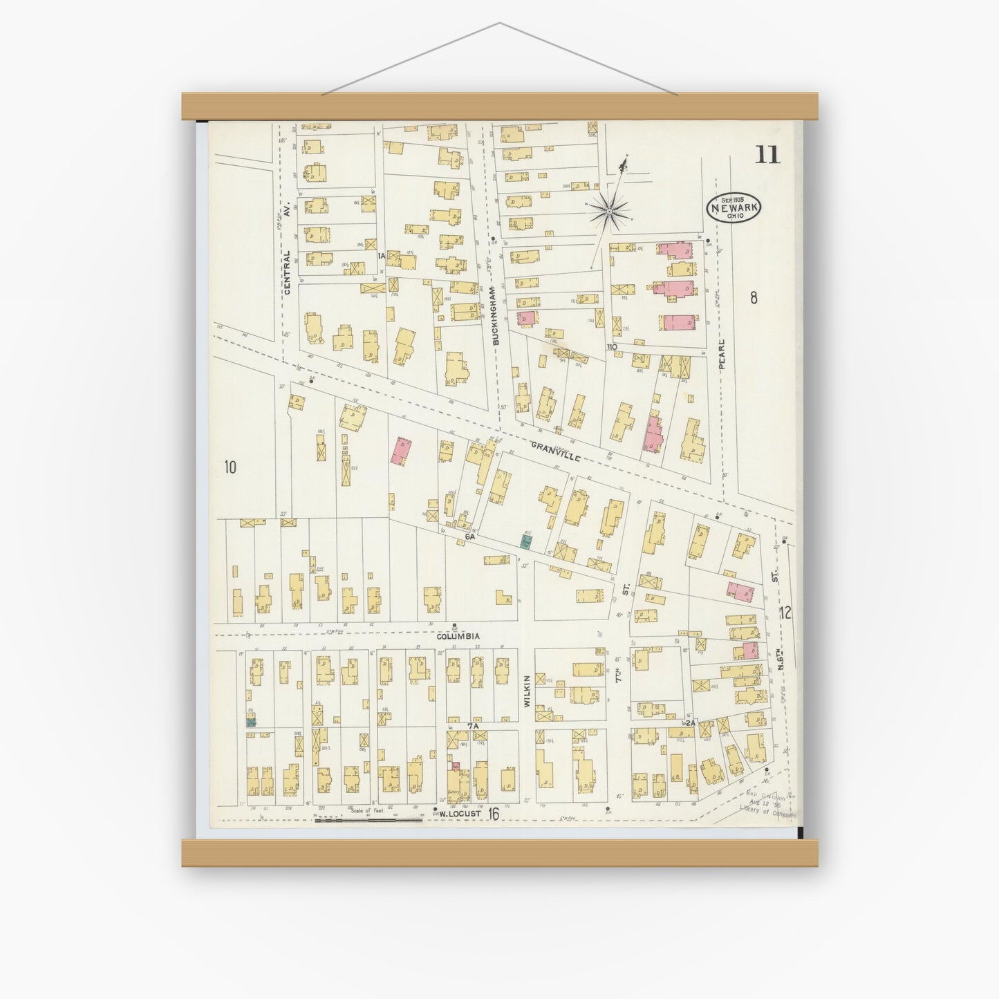 Old map wall art mockup — magnetic wood frame on white wall — Sanborn Fire Insurance Map from Newark, Licking County, Ohio (1905), Sheet #0011