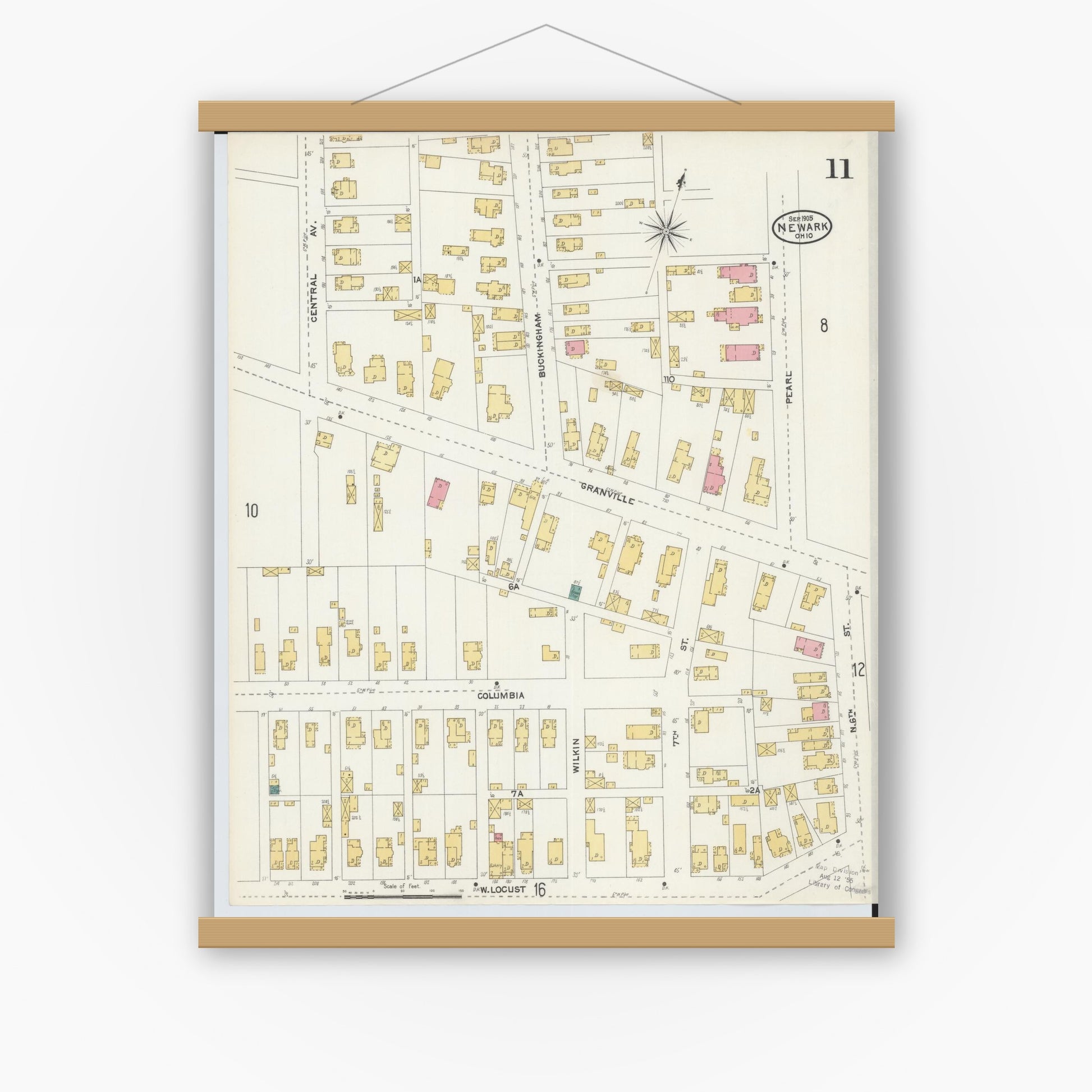 Old map wall art mockup — magnetic wood frame on white wall — Sanborn Fire Insurance Map from Newark, Licking County, Ohio (1905), Sheet #0011