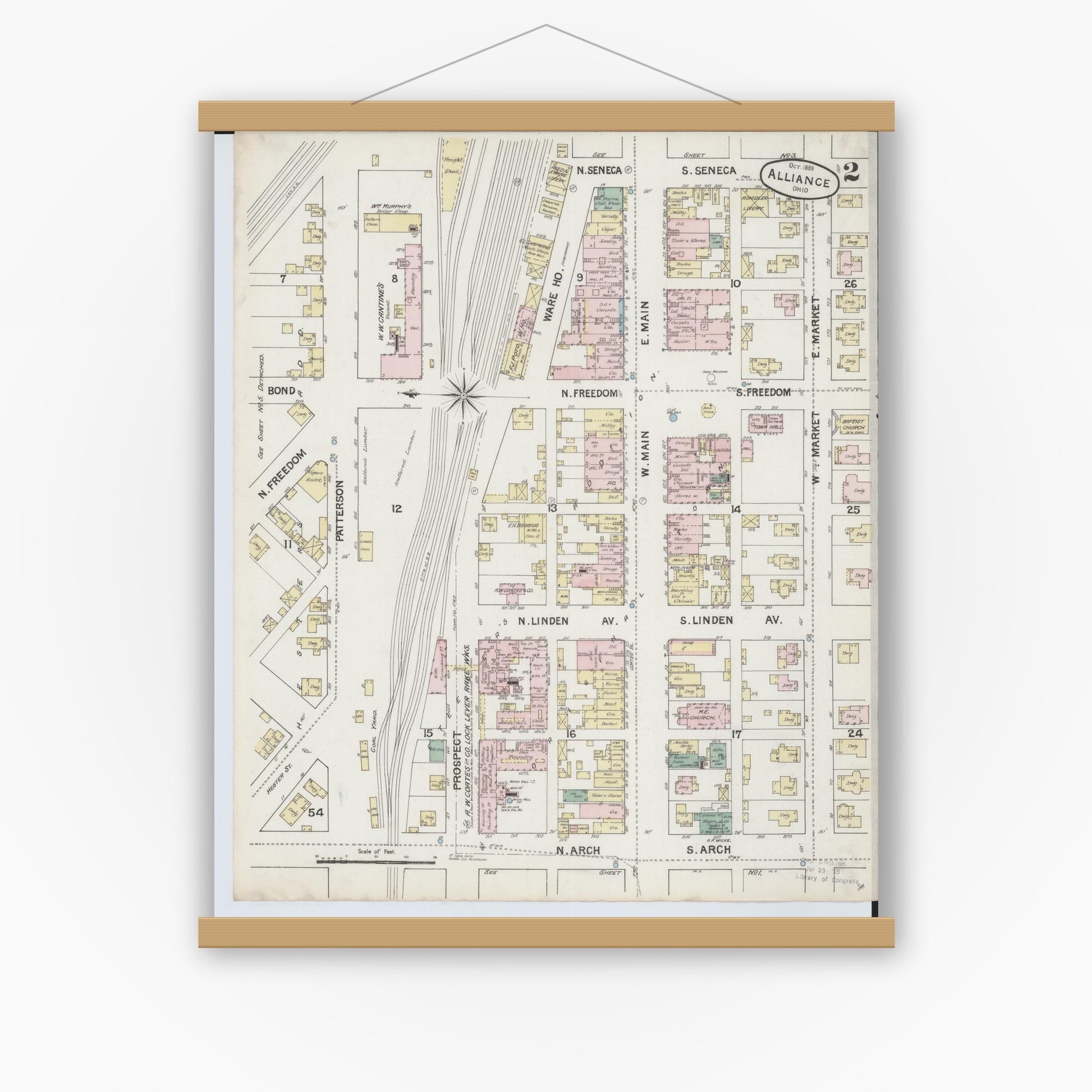 Old map wall art mockup — magnetic wood frame on white wall — Sanborn Fire Insurance Map from Alliance, Stark County, Ohio (1888), Sheet #0002